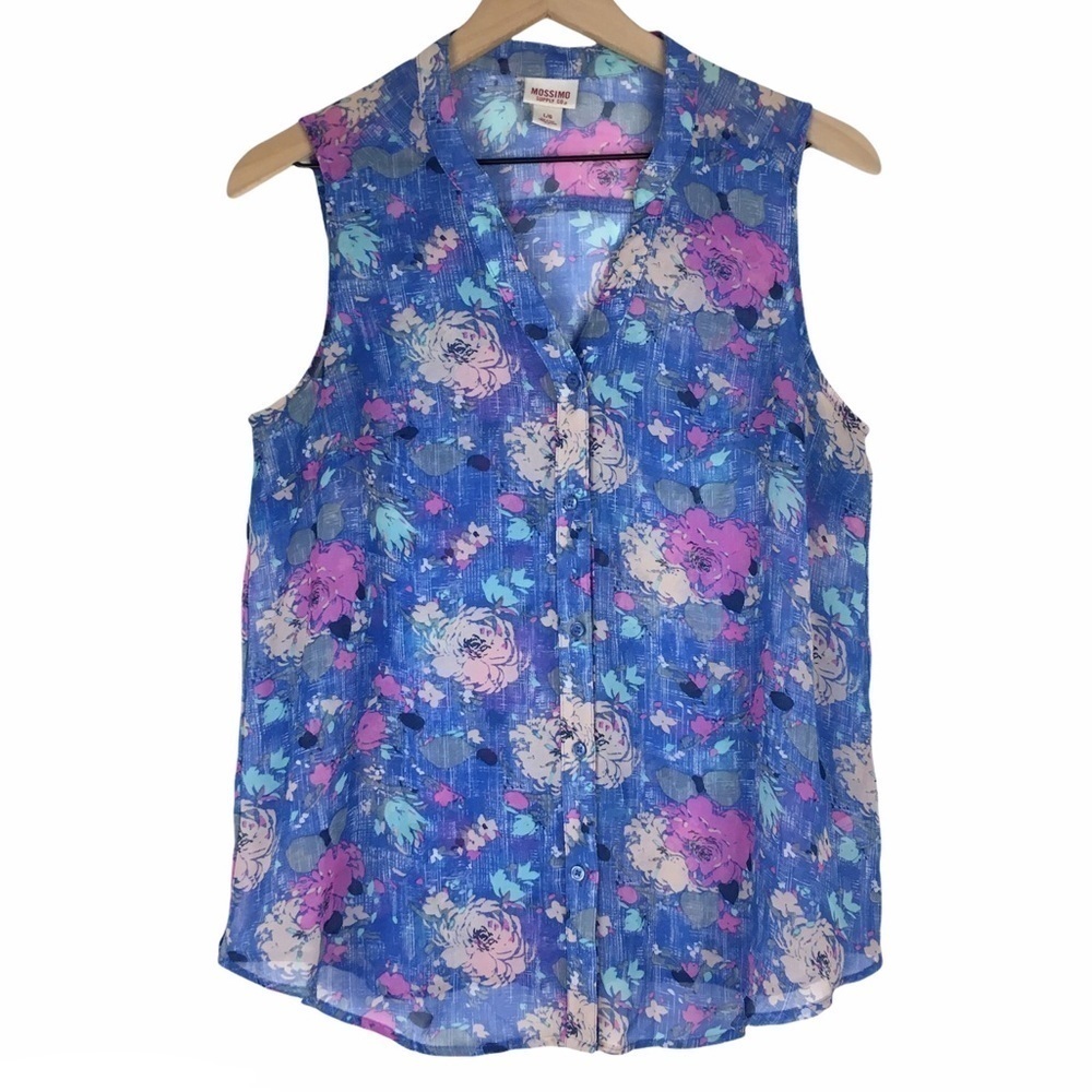 MOSSIMO Top Blouse Sleeveless Sheer Floral Button Up Mandarin Collar Size Large